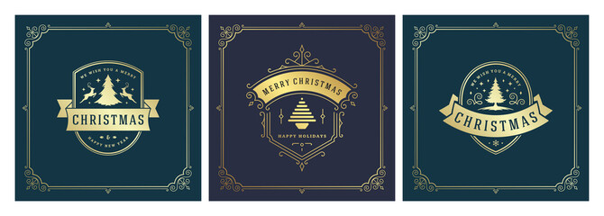 Christmas square banners vintage typographic design, ornate decorations symbols vector illustration