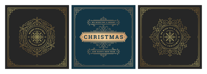 Christmas square banners vintage typographic design, ornate decorations symbols vector illustration