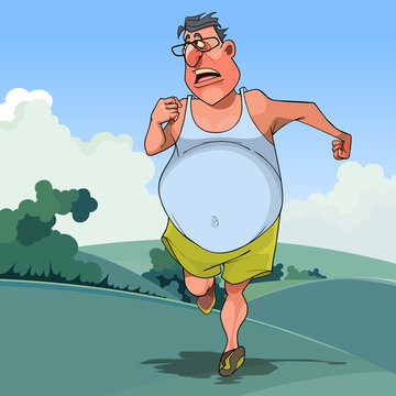 cartoon fat man is jogging in the summer on the nature