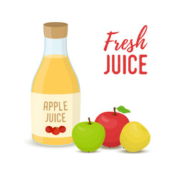 Vector apple juice - glass bottle with whole fruits.