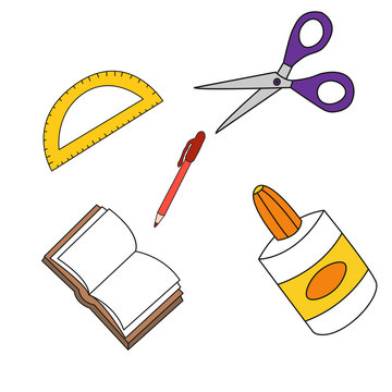 School set of school supplies in Doodle style. Vector illustration.