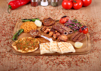 Chicken & Meat Grill Service for Turkish Restaurant with Fresh Vegetables, Pepper, Tomato & Salad with Fresh Vegetables