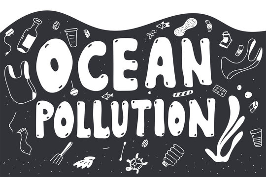 Ocean pollution vector doodle concept illustration with trash and plastic garbage.