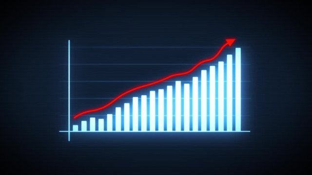 Business Growth And Success Arrow Infographics/ 4k animation of a business infographics with rising arrow and bar stats appearing, symbolizing growth and success, with glitch and noise digital effects