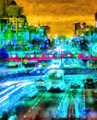 Digital structure of painting. Night vibrant city in watercolor colors