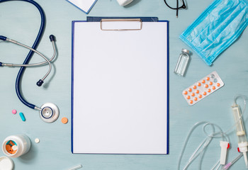 Medical blank empty sheet of white paper for writing prescriptions or diagnoses. Top view. 