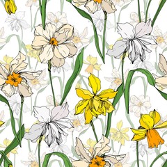Vector Narcissus floral botanical flowers. Black and white engraved ink art. Seamless background pattern.