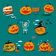 Pumpkins characters for Halloween vector cartoon set isolated on background.