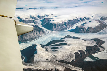 Western coast of Greenland, aerial view of glacier and snow view from plane
