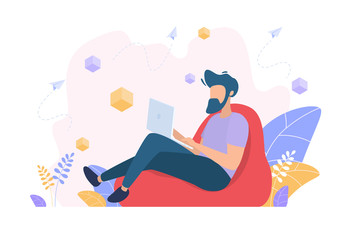 The man works, watches the news, sits on social networks. Freelancer. Vector illustration