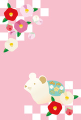 ネズミと椿の花の年賀状イラスト