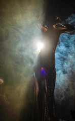 Silhouette of a slim, artistic girl wearing an elegant evening dress in theatrical fog. Sensual, conceptual and fashionable design. Copy space