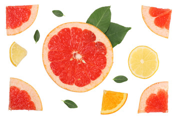 Sliced grapefruit and lemon isolated on white, top view