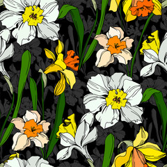 Vector Narcissus floral botanical flower. Black and white engraved ink art. Seamless background pattern.