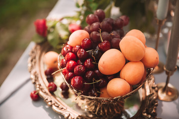 close up. vase with fruit on the holiday table