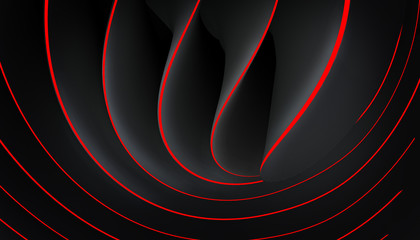 Abstract background. Futuristic black shape with bright red stripes. 3D rendering.