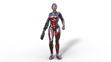 Futuristic android soldier woman in bulletproof armor, military cyborg girl armed with sci-fi rifle gun standing on white background, 3D rendering