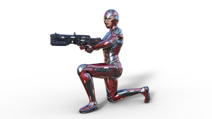 Futuristic android soldier woman in bulletproof armor, military cyborg girl armed with sci-fi rifle gun kneeling and shooting on white background, 3D rendering