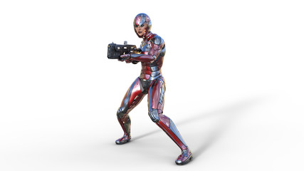 Futuristic android soldier woman in bulletproof armor, military cyborg girl armed with sci-fi rifle gun shooting on white background, 3D rendering
