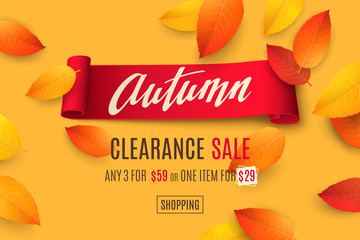 Seasonal sale banner with falling 3D colored leaves, text Autumn and red realistic ribbon on orange background. Vector template with fall foliage for design of flyers with discount or special offers.