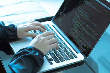 Female web developer writing codes on laptop at home. Hand on laptop keyboard typing. Work from...