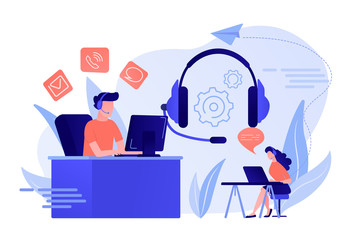 Contact center agents with headsets working at computers. Contact center, customer service point, customer relationship management concept. Living coral bluevector isolated illustration