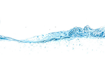 Water splash and air bubbles isolated over white background. Blue water wave abstract background isolated on white