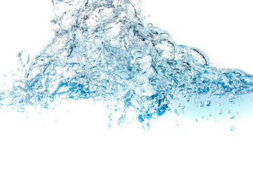 Water splash and air bubbles isolated over white background. Blue water wave abstract background isolated on white