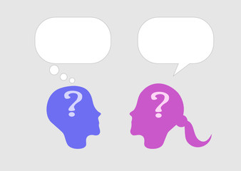 Man and woman communicate through speech bubbles. Couple conversation. Relationship, chat, communication, date,  understanding, talk. Question mark on head. Vector illustration, flat style, clip art. 
