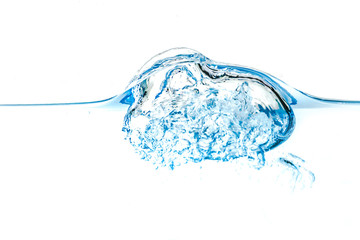 Clear water waves. Water wave  and air bubbles isolated over white background. Blue water wave abstract background isolated on white