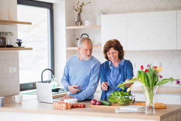 A portrait of senior couple with laptop indoors at home, cooking.