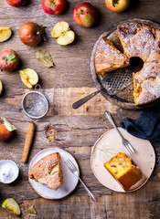 Apple pie on a wooden background. Fragrant autumn baking.