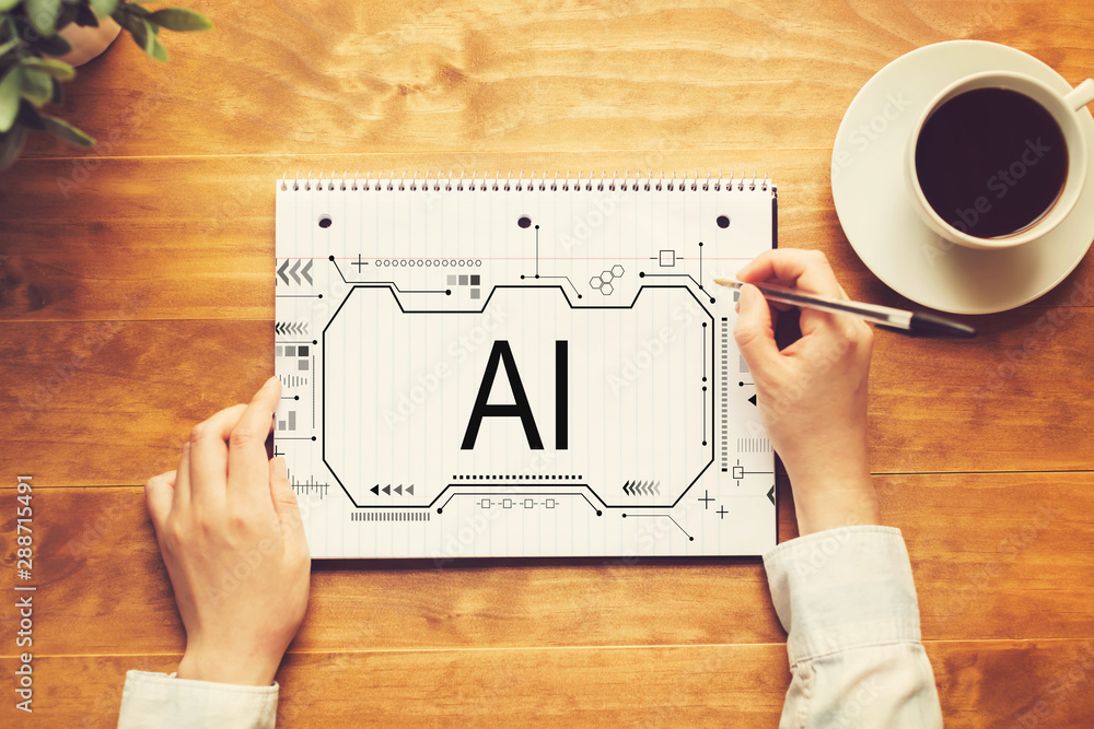 Poster ai concept with a person writing in a notebook on a wooden table