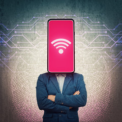 Obsessed phone headed businessman. Wifi addiction, social networks manipulation and brainwashing...