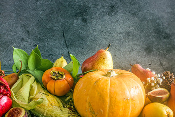 Thanksgiving pumpkins with fruits.Autumn nature concept. Fall fruit and vegetables on wood. Thanksgiving dinner. Fruits and vegetables with pumpkins in autumn vintage still life.Copy space