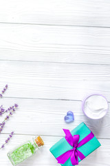 baby bath salt with lavender on wooden background