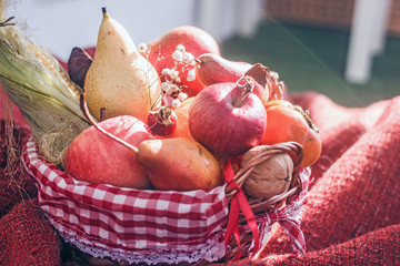 Basket with ripe vegetables and fruits. Save space. background of nature, Concept of biological, bio products, bio ecology, vegetarians.Autumn nature concept . Thanksgiving dinner . Vegetarian food