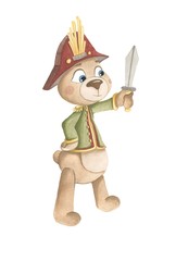 hand drawn isolated watercolor illustration on the white flat background. Nutcracker christmas theme. Cute animal in a nutcracker charachter costume.