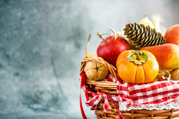 Basket with ripe vegetables and fruits. Save space. background of nature, Concept of biological, bio products, bio ecology, vegetarians.Autumn nature concept . Thanksgiving dinner . Vegetarian food