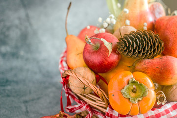 Basket with ripe vegetables and fruits. Save space. background of nature, Concept of biological, bio products, bio ecology, vegetarians.Autumn nature concept . Thanksgiving dinner . Vegetarian food