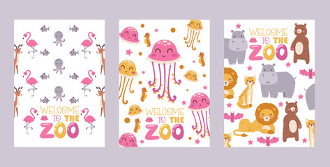 Fototapeta na wymiar Zoo animals isolated on white background, vector illustration. Zoological banners with cute cartoon exotic animal characters. Jellyfish, lion, octopus, flamingo and hippo