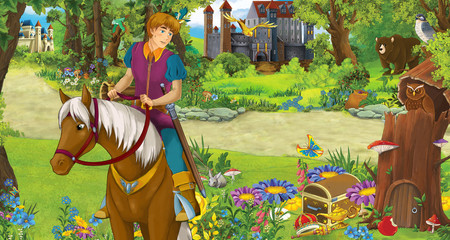 cartoon scene with happy young boy prince riding on horse in the forest encountering two castles - illustration for children