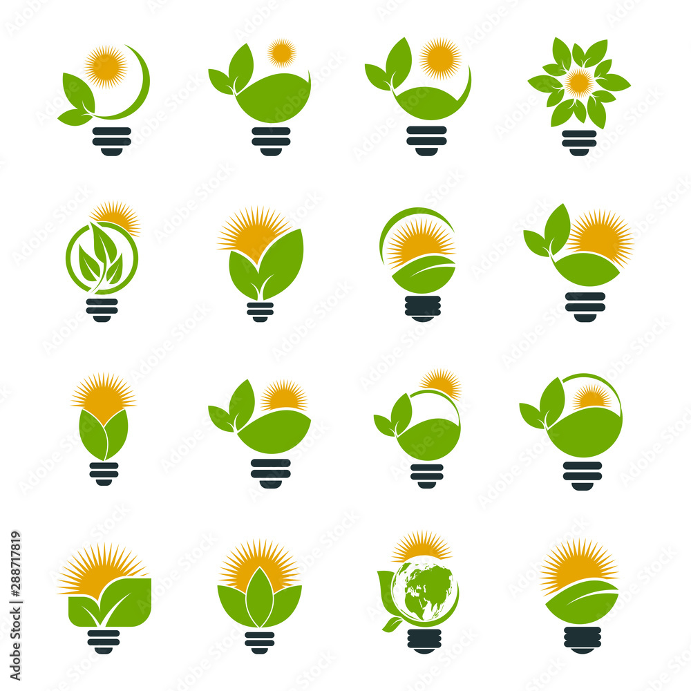 Wall mural symbol ecology bulb logos of green with sun and leaves nature element icon on white background.vector illustrator