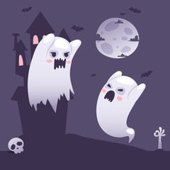 Halloween ghosts outside a haunted old castle at night, cartoon style vector illustration. Ghost parent teaches ghost child to scare people