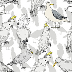 Vector Sky bird cockatoo in a wildlife. Black and white engraved ink art. Seamless background pattern.