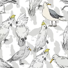Aluminium Prints Parrot Vector Sky bird cockatoo in a wildlife. Black and white engraved ink art. Seamless background pattern.