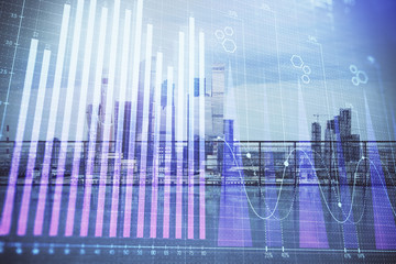 Forex graph hologram with city view from roof background. Double exposure. Stock market concept.