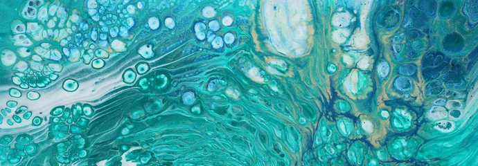 Kunstfotografie des abstrakten Hintergrunds mit marmoriertem Effekt. kreative Farben Türkis, Smaragdgrün, Blau und Gold. Schöne Farbe. Banner © tomertu
