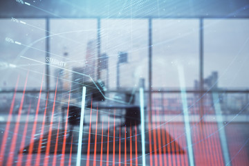 Business theme graph hologram with minimalistic cabinet interior background. Double exposure. Stock...