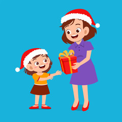 happy parent give present to kid christmas